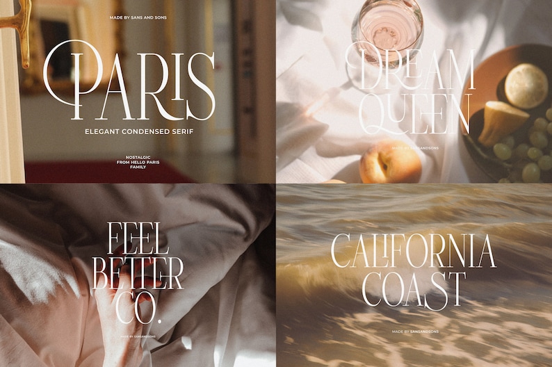 May include: A collage of four images featuring a white serif font. The first image shows the word "PARIS" in a white serif font against a blurred background. The second image shows the words "DREAM QUEEN" in a white serif font against a white background with a glass of wine and fruit. The third image shows the words "FEEL BETTER CO." in a white serif font against a brown background. The fourth image shows the words "CALIFORNIA COAST" in a white serif font against a background of ocean waves.