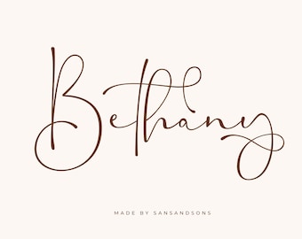 May include: Elegant brown calligraphy script of the name "Bethany" on a cream background. The words "Modern Calligraphy Luxury Script" and "Made by Sansandsons" are also present. This design is suitable for various creative projects.