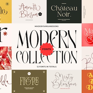 May include: A collage of 12 different font styles, each displayed in a unique color and design. The fonts are modern and elegant, with names like Palisade, Amoratti Blossom, Chateau Noir, and Marigold Eighties. The text "MODERN FONTS COLLECTION" is displayed in bold, black letters.