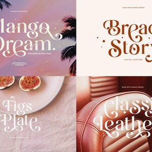 May include: A collection of four images showcasing the "Mango Dream" font. The first image features the font in a white color against a pink and purple sunset background with palm trees. The second image features the font in a brown color against a white background. The third image features the font in a white color against a pink background with figs on a plate. The fourth image features the font in a white color against a brown leather background.