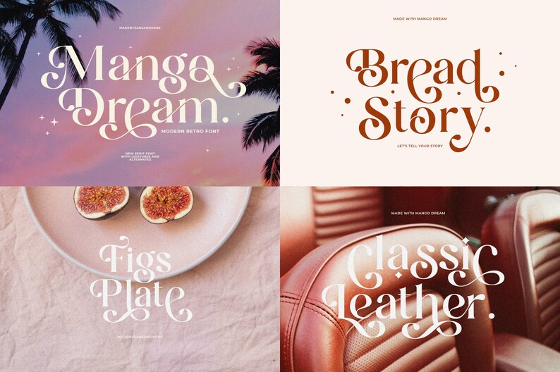 May include: A collection of four images showcasing the "Mango Dream" font. The first image features the font in a white color against a pink and purple sunset background with palm trees. The second image features the font in a brown color against a white background. The third image features the font in a white color against a pink background with figs on a plate. The fourth image features the font in a white color against a brown leather background.