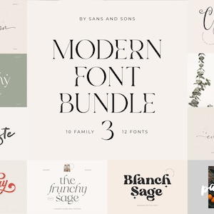 May include: A collage of 10 different font families, each with a unique style, showcasing the Modern Font Bundle 3. The fonts are displayed in various colors and sizes, with some featuring illustrative elements.