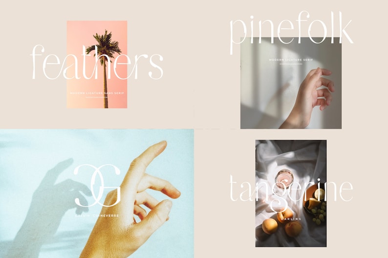 May include: A collage of four images featuring the text "pinefolk", "feathers", "tangering", and "G" in a minimalist, modern font style. The images feature a palm tree, a hand, and a glass of juice with fruit.