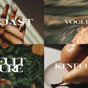 May include: Four different magazine covers with the words "COAST", "VOGUE", "CULTURE", and "KINFOLK" in a white sans-serif font. The backgrounds are a hand, water, flowers, and pears.