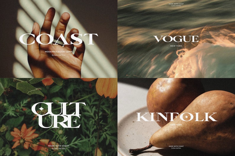 May include: Four different magazine covers with the words "COAST", "VOGUE", "CULTURE", and "KINFOLK" in a white sans-serif font. The backgrounds are a hand, water, flowers, and pears.
