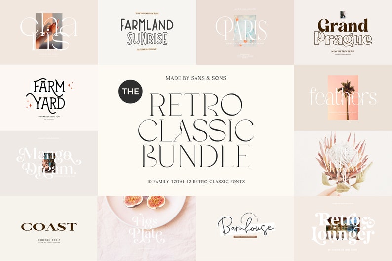 May include: A collection of 12 retro classic fonts, displayed in a grid with various words and phrases, including "Farmland Sunrise", "Paris", "Grand Prague", "Farm Yard", "Manga Dream", "Coast", "Tigs Pale", "Barnhouse", and "Retros Lounger". The fonts are displayed on a light pink background.