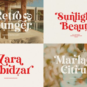 May include: Four different designs for a retro font, each with a different name and tagline. The first design is "Retro Lounger" with the tagline "Modern Retro Font". The second design is "Sunlight Beauty" with the tagline "All Natural Awesome Skincare Paris". The third design is "Zara Abidzar" with the tagline "Made by Sansandsons". The fourth design is "Marlade Citrus" with the tagline "Made by Sansandsons".