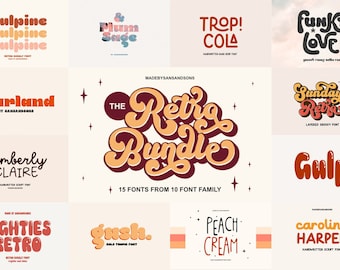May include: A collection of 15 retro-style fonts, including "Gulpine", "Plum Suge", "Trop! Cola", "Funky Love", "Gurland", "Kimberly Claire", "Eighties Retro", "Gnsh", "Peach Cream", "Caroline Harper", and "Sunday Retro". The fonts are displayed in various colors and styles, with some featuring layered effects.