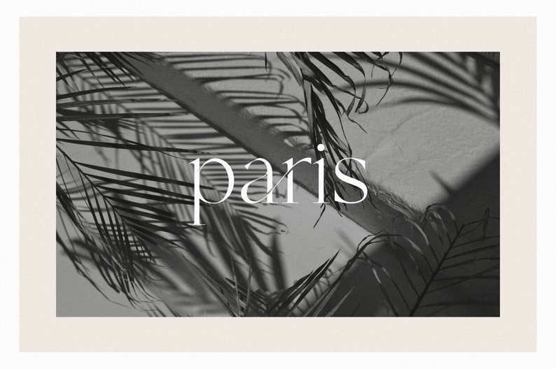 Op de afbeelding: Zwart-witfoto van palmbladeren die schaduwen werpen op een witte muur met het woord "paris" in witte tekst.