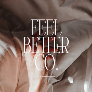 May include: A close-up of a hand holding a white sheet with the text "FEEL BETTER CO." in a minimalist font. The text is centered on the sheet and is surrounded by a white background. The text "MADE BY SANSANDSONS" is in a smaller font below the main text.
