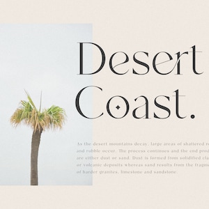 Op de afbeelding: Een palmboom staat tegen een lichtblauwe lucht met de tekst "Desert Coast." in een serif-lettertype. De tekst "As the desert mountains decay, large areas of shattered rock and rubble occur. The process continues and the end products are either dust or sand. Dust is formed from solidified clay or volcanic deposits whereas sand results from the fragmentation of harder granites, limestone and sandstone." staat onder de palmboom.