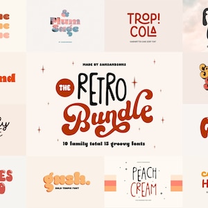 May include: A collection of retro-style fonts with various designs and colors. The fonts include "Gulpine," "Funky Love," "Sunday Retro," and "The Retro Bundle." The image showcases a variety of font styles, perfect for graphic design projects.