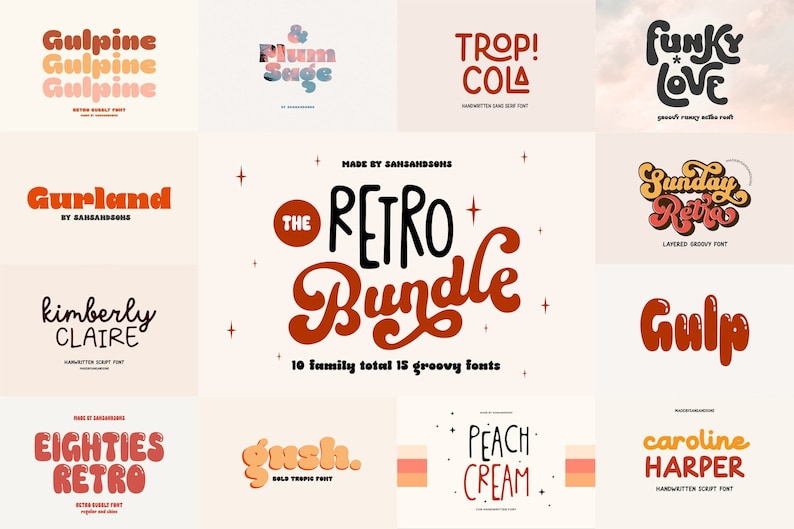 May include: A collection of retro-style fonts with various designs and colors. The fonts include "Gulpine," "Funky Love," "Sunday Retro," and "The Retro Bundle." The image showcases a variety of font styles, perfect for graphic design projects.