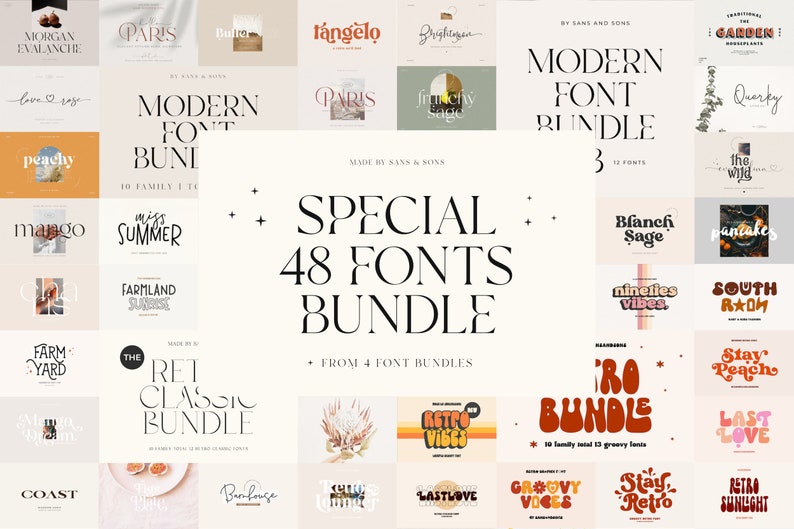 May include: A collage of 48 different font bundles, featuring a variety of styles, including modern, classic, and retro. The fonts are displayed in a variety of colors and sizes, and the text includes the names of the fonts and the number of fonts in each bundle.