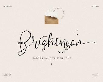 May include: Brightmoon, a modern handwritten font, is displayed in a cursive script with a delicate, flowing style. The font name is written in black against a light beige background. The words "Modern Handwritten Font" are written below the font name in a smaller, sans-serif font.