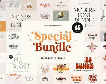 May include: A collage of colorful font designs, including "Special Bundle", "Modern Font Bundle", "Retro Bundle", and "Groovy Voices". The fonts are in various styles, including retro, modern, and handwritten.