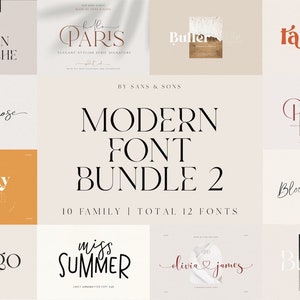May include: A collection of various font styles, including serif and script fonts, displayed on a light beige background. The text "MODERN FONT BUNDLE 2" is prominently featured, along with the text "10 FAMILY | TOTAL 12 FONTS".