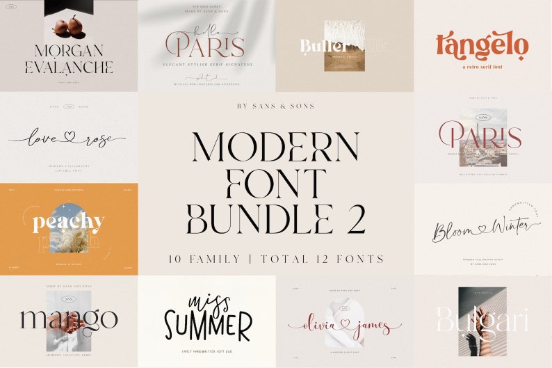 May include: A collection of various font styles, including serif and script fonts, displayed on a light beige background. The text "MODERN FONT BUNDLE 2" is prominently featured, along with the text "10 FAMILY | TOTAL 12 FONTS".