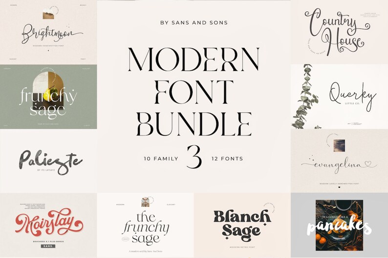 May include: A collage of 10 different font families, each with a unique style, showcasing the Modern Font Bundle 3. The fonts are displayed in various colors and sizes, with some featuring illustrative elements.