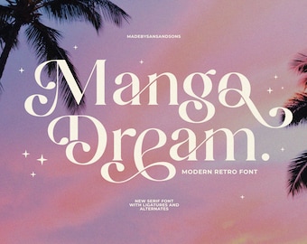 May include: A white font design with the text "Mango Dream. Modern Retro Font" against a pink and purple sunset background with palm trees on either side. The text "New Serif Font with Ligatures and Alternates" is below the main text.