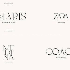 May include: Four black and white logo designs. The first logo is for "CHARIS" with the text "Moderne Serif" below. The second logo is for "ZARA". The third logo is for "MEDINA" with the text "With Sans-Serif" below. The fourth logo is for "COACH" with the text "NEW YORK" below.