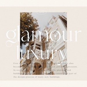 Op de afbeelding: Een witte tekstoverlay op een foto van een gebouw met de woorden "glamour" en "luxury" in een serif-lettertype. De tekst is in een wit serif-lettertype. Het gebouw is lichtbeige van kleur met een bruin dak. Er zijn bomen op de achtergrond.