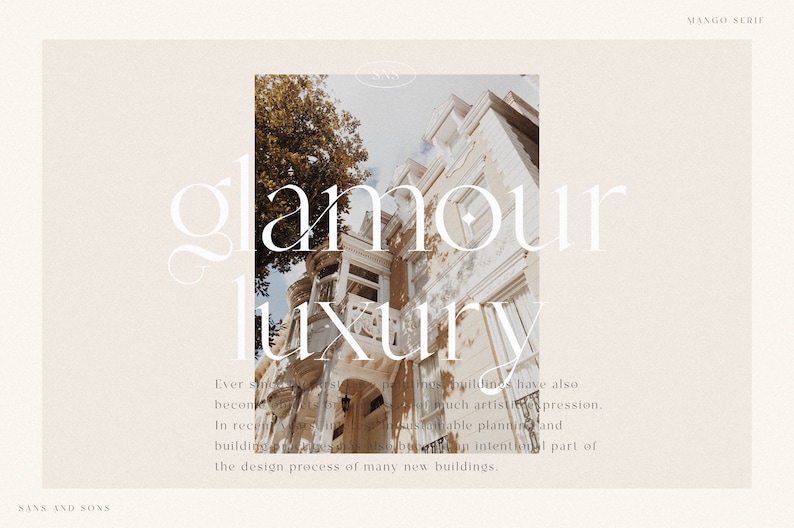 Op de afbeelding: Een witte tekstoverlay op een foto van een gebouw met de woorden "glamour" en "luxury" in een serif-lettertype. De tekst is in een wit serif-lettertype. Het gebouw is lichtbeige van kleur met een bruin dak. Er zijn bomen op de achtergrond.