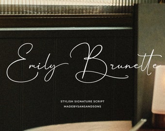 May include: A white cursive script font design on a black background. The text reads "Emily Brunette" with the words "Stylish Signature Script" and "MadeBySansAndSons" below.