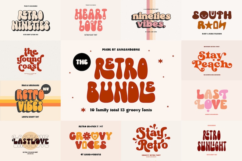 May include: A collection of 13 groovy retro fonts in a bundle. The fonts are in various styles and colors, including red, orange, yellow, pink, and white. The fonts are displayed in a grid format with the text "The Retro Bundle" in the center.
