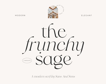 May include: The Frunchysage font, a modern serif typeface, is displayed in a white background with the text "A modern serif by Sans And Sons" below. The font is shown in two weights, with the word "the" in a lighter weight and the rest of the text in a bolder weight.
