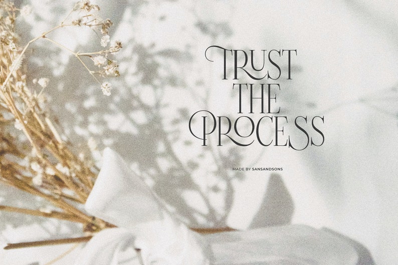 May include: A white background with a shadow of dried flowers and the text "TRUST THE PROCESS" in a black serif font. The text "MADE BY SANSANDSONS" is in a smaller font below the main text.