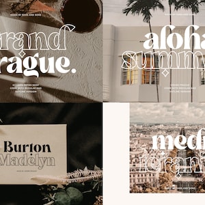 May include: A collage of four images showcasing different fonts. The top left image features the text "Grand Prague." The top right image features the text "Aloha Summer." The bottom left image features the text "Burton Madelyn." The bottom right image features the text "Mediterrania."