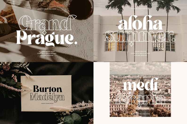 May include: A collage of four images showcasing different fonts. The top left image features the text "Grand Prague." The top right image features the text "Aloha Summer." The bottom left image features the text "Burton Madelyn." The bottom right image features the text "Mediterrania."