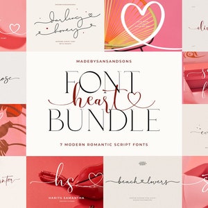 May include: A collection of romantic script fonts, with the words "FONT HEART BUNDLE" in a bold, elegant style. The image showcases various font examples, including "love you," "darling honey," and "silver future," with heart accents.