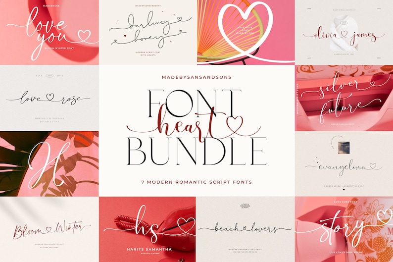 May include: A collection of romantic script fonts, with the words "FONT HEART BUNDLE" in a bold, elegant style. The image showcases various font examples, including "love you," "darling honey," and "silver future," with heart accents.