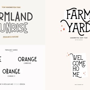 May include: A digital download of a handwritten font called "Farmland Sunrise" in black and white. The font is shown in uppercase, lowercase, and combined. The font is described as "fun handwritten font" and "regular & outline".