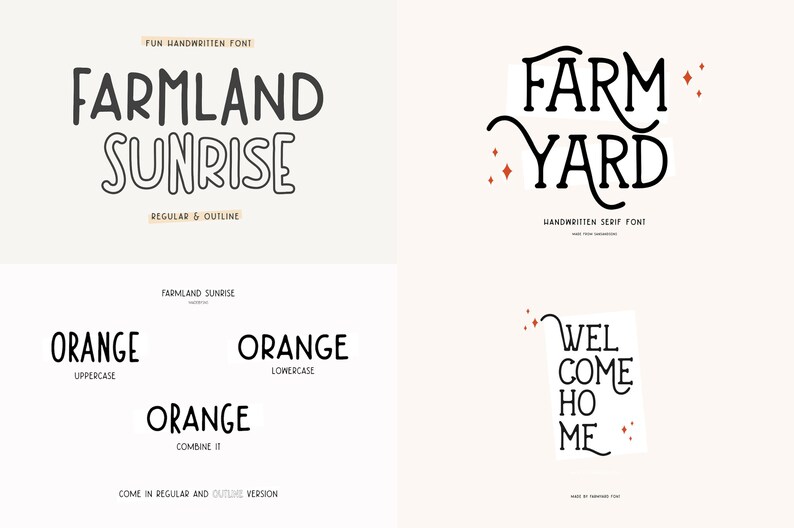 May include: A digital download of a handwritten font called "Farmland Sunrise" in black and white. The font is shown in uppercase, lowercase, and combined. The font is described as "fun handwritten font" and "regular & outline".