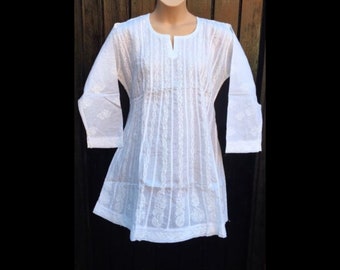 Embroidered cotton short kurta kurti white short Summer tunic White cotton beach suncover Bust 36 in White cotton Indian Tunic Top