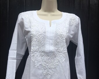 Embroidered cotton short kurta kurti white short Summer tunic White cotton beach suncover Bust 36 in White cotton Indian Tunic Top