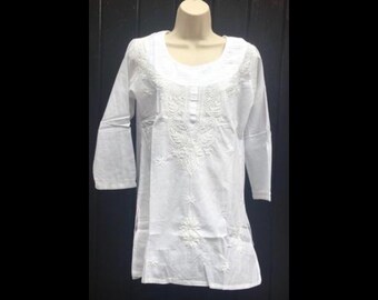 Embroidered cotton short kurta kurti white short Summer tunic White cotton beach suncover Bust 36 in White cotton Indian Tunic Top
