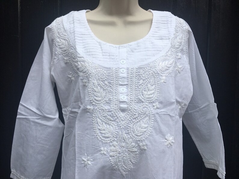 Embroidered cotton short kurta kurti white short Summer tunic White cotton beach suncover Bust 36 in White cotton Indian Tunic Top