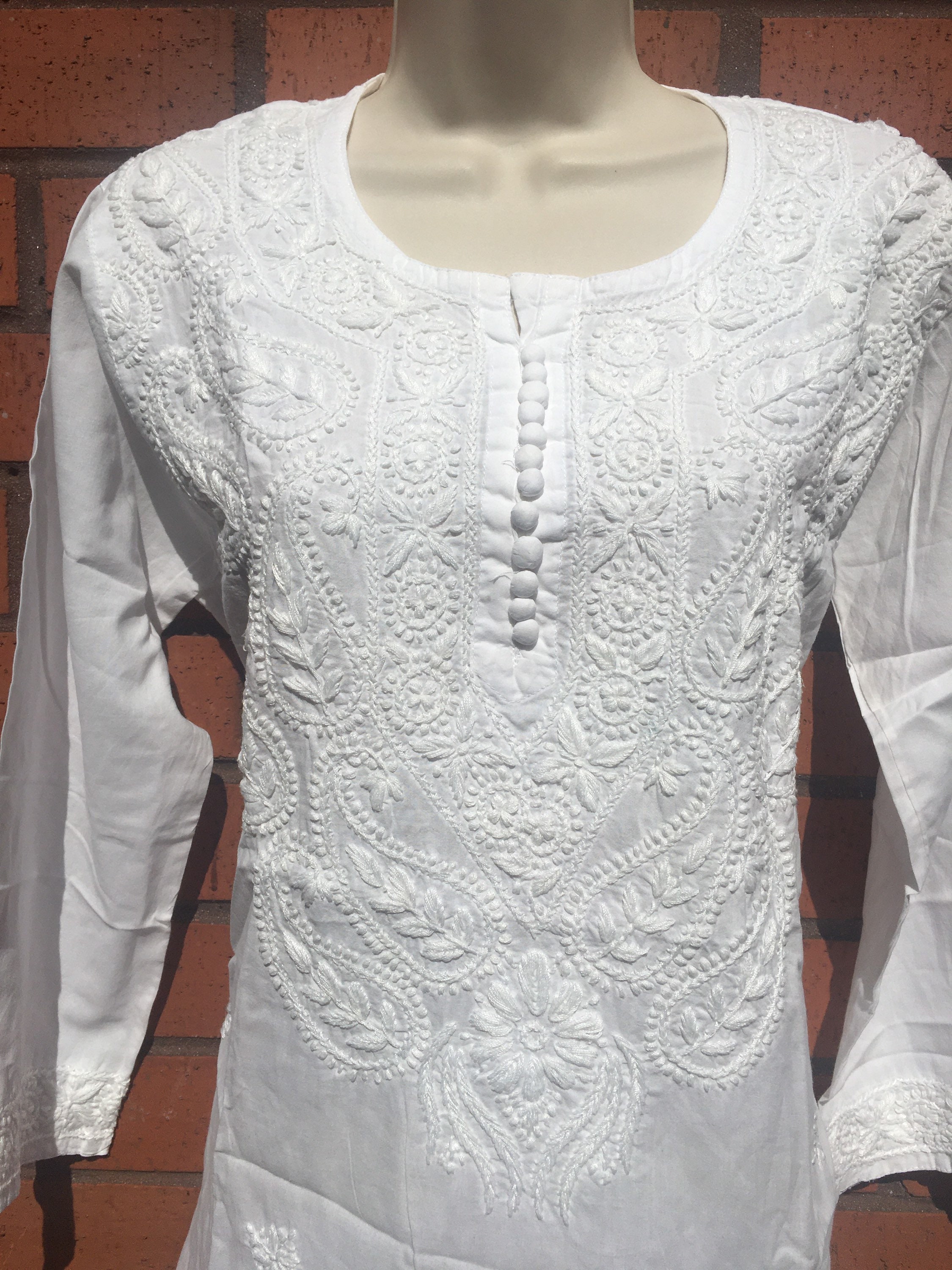 Bust 36 inch Holiday White cotton long sleeve embroidered | Etsy