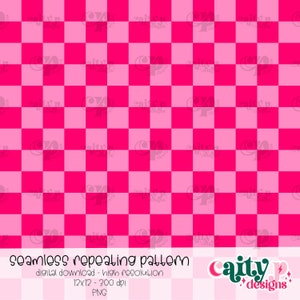 May include: A seamless repeating pattern digital download in pink and hot pink. The pattern is a checkerboard design. The text "Seamless Repeating Pattern" is at the bottom of the image. The text "Digital Download - High Resolution 12x12 - 300 dpi PNG" is below the pattern. The text "Caity Designs" is in the bottom right corner of the image.