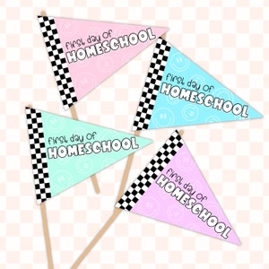 First day of homeschool smiley checkered pennant flag | Back to School Printable