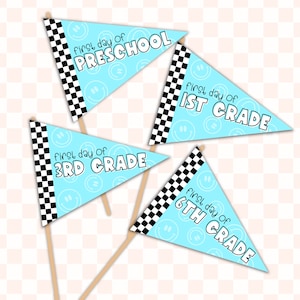First day of school pennant - checkered smiley pennant flag- blue | Back to School Printable