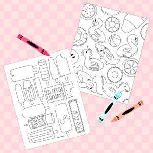 Pode incluir: Duas páginas para colorir, uma com uma variedade de guloseimas de sorvete e a outra com animais e objetos temáticos de verão. Ambas as páginas são impressas em papel branco e são cercadas por papel quadriculado rosa e branco. Lápis de cor também estão incluídos na imagem.