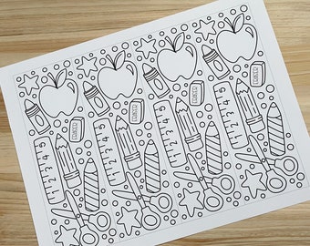 May include: Black and white printable bookmark design featuring school supplies like pencils, crayons, scissors, rulers, apples, and stars. The design is repeated four times on the page.