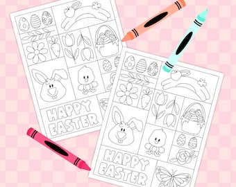 May include: Two black and white colouring pages featuring Easter-themed images, including bunnies, chicks, eggs, flowers, and baskets. The pages have the text "Happy Easter" on them.