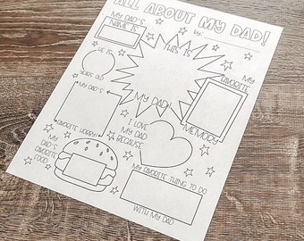 May include: A white sheet of paper with the title "ALL ABOUT MY DAD!" and various fill-in sections. These include spaces for "Name", "Age", "Favourite Hobby", "Favourite Food", and "Favourite Memory". The design includes star and heart motifs.