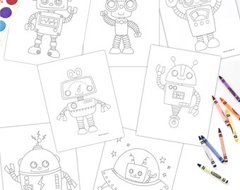 Pode incluir: Um conjunto de seis páginas para colorir imprimíveis que apresentam robôs em várias poses. Cada página tem um design de robô diferente, incluindo um robô com um raio, um robô com óculos, um robô com uma chave inglesa, um robô com um velocímetro, um robô com antenas e um robô em uma nave espacial.